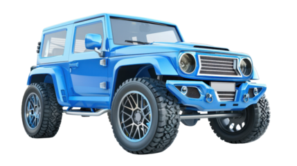 Blue off-road vehicle standing out on transparent background