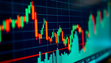 Stock market chart, candlestick graph, financial data visualization, glowing neon lines, digital display, trading analysis, green and red indicators, blue background, economic trends, market volatilit