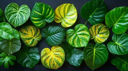 Tropical leaves arranged on dark background; nature, design, pattern, decor