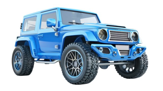 Blue off-road vehicle standing out on transparent background