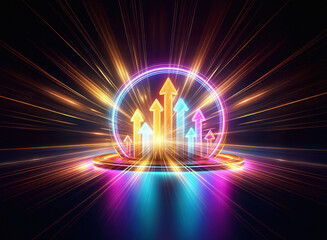 A vibrant double exposure image showcases glowing arrows ascending within a radiant circular frame, set on a luminous platform, radiating energy and signifying growth and progress.