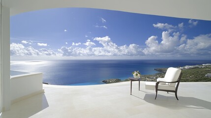 Fototapeta premium Ocean View Terrace with Modern Chair and Table