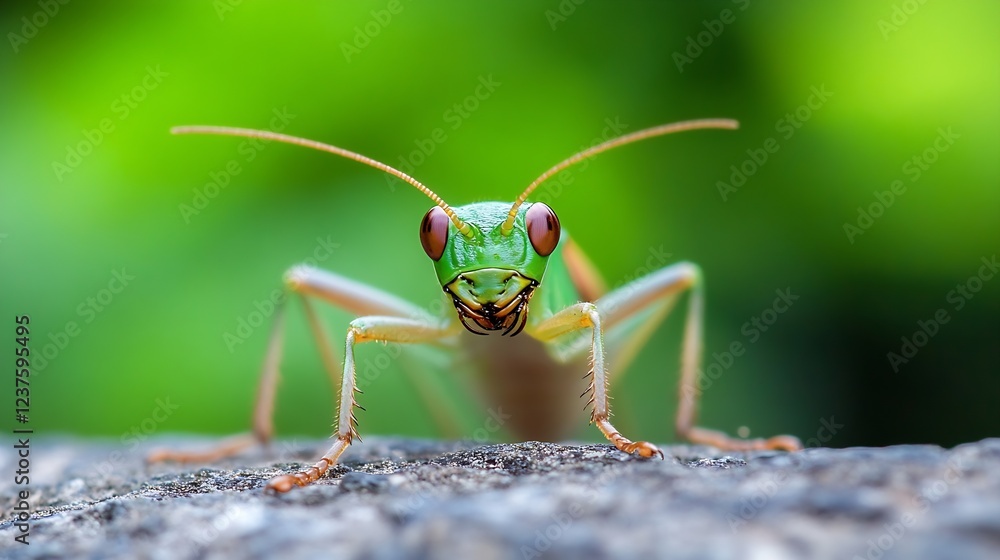 Aufkleber green grasshopper with striking red eyes on stone surface in its natural outdoor environment : gener