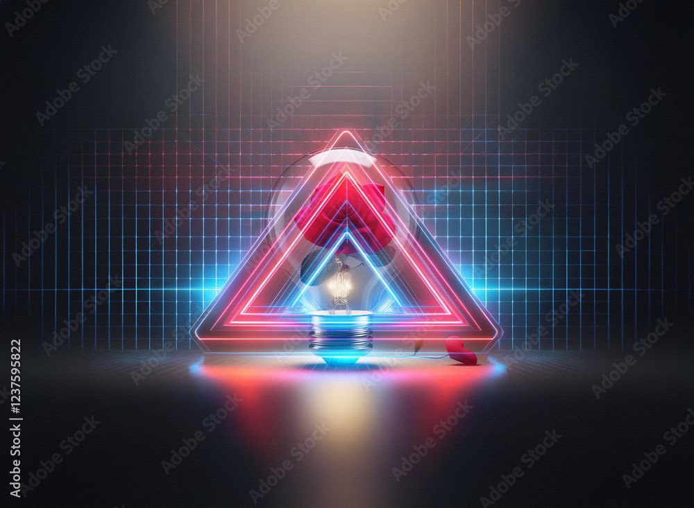 Poster a mesmerizing double exposure image showcases a glowing red and blue triangular frame encasing a vib