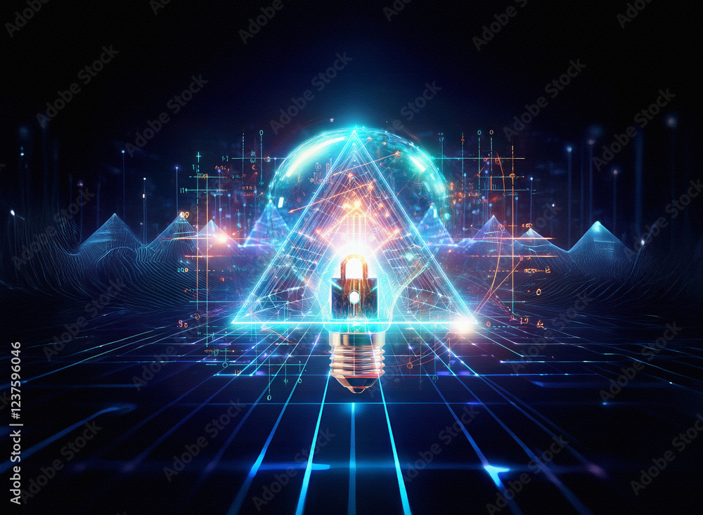Poster a double exposure image depicts a glowing padlock within a triangle, enclosed by a luminous sphere, 
