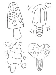 Hand-drawn ice cream coloring page in black and white. A delightful line art illustration of ice cream cones and desserts, ideal for printable coloring books and crafts.