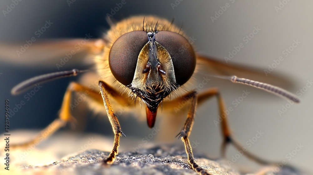 Poster close up detailed macro of a common house fly with prominent eyes on a textured surface : generative