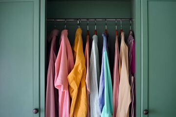 Colorful clothes hanging in green wardrobe