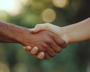 Close-up of two hands shaking, male and female, on a white background. Concept of friendship or collaboration between a man and a woman. 