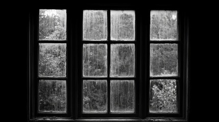 Old Windowpane with Rainstreaked Glass and Trees