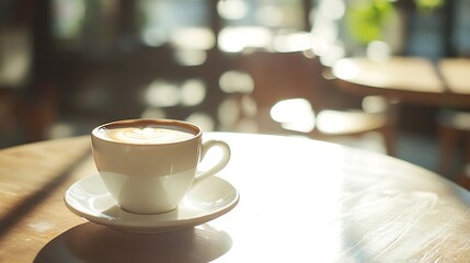 Fototapeta premium Sunlit coffee cup on a table in a charming morning café ambiance : Generative AI