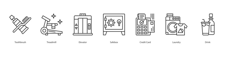 Hotel Management Icon Sheet Toothbrush, Treadmill, Elevator, Safebox, Credit Card, Laundry, Drink