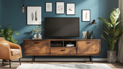 A Cozy Living Room With A Rustic Wooden TV Stand, Plants, And Artwork, Bathed In Soft Sunlight. The Teal Walls And Warm Wood Create A Calming Atmosphere.