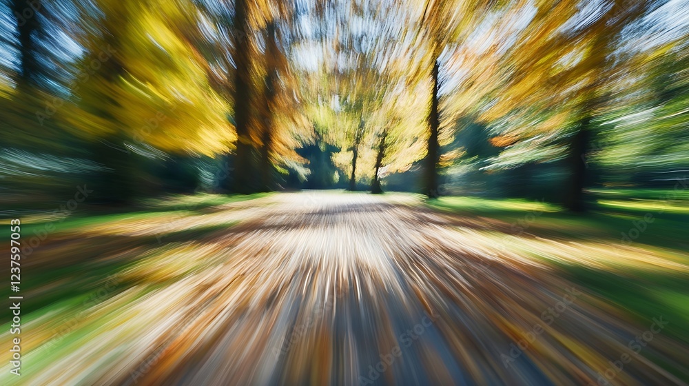Aufkleber Vibrant Autumn Forest Path in Motion with Zoom Effect and Foliage Blur : Generative AI