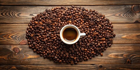 Naklejka premium Aromatic coffee beans arranged in a circular pattern on a wooden surface with a cup of freshly brewed coffee in the center, coffee
