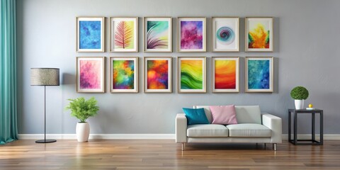 Modern wall art installation with a minimalist frame and colorful paintings