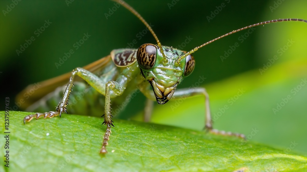 Poster Close Up of Green Grasshopper on Leaf Displaying Detailed Exoskeleton in Natural Habitat : Generative AI