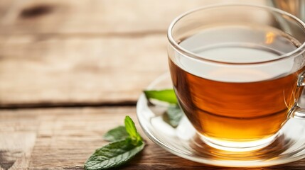 Fototapeta premium Warm Aromatic Herbal Tea in Glass Cup with Mint Leaves on Wooden Table : Generative AI