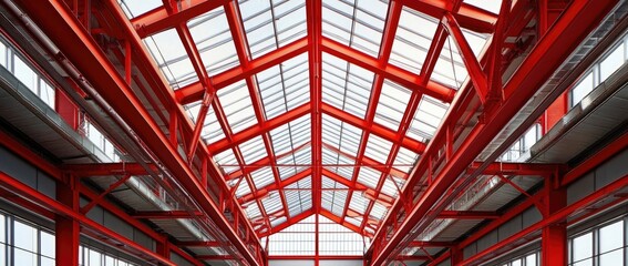 Industrial Red Steel Beams and Skylight Structure