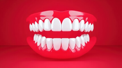 Realistic 3D Model of White Teeth on Red Background