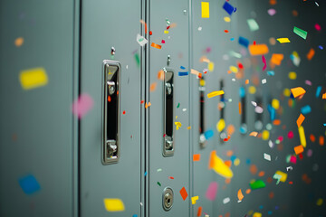 Confetti falls past school lockers, celebration