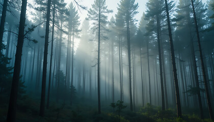 Naklejka premium Tall Pine Trees Engulfed in Misty Fog During Early Morning