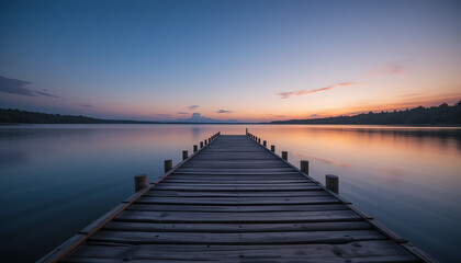 Obraz premium Wooden Dock Extending Over Calm Waters at Sunset, Reflecting Serene Lake Surroundings