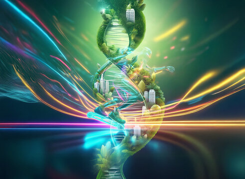 A vibrant, surreal double exposure image.  A DNA helix intertwined with luminous, organic forms floats within a field of iridescent light streaks.  The scene evokes a sense of mystery and ethereal bea