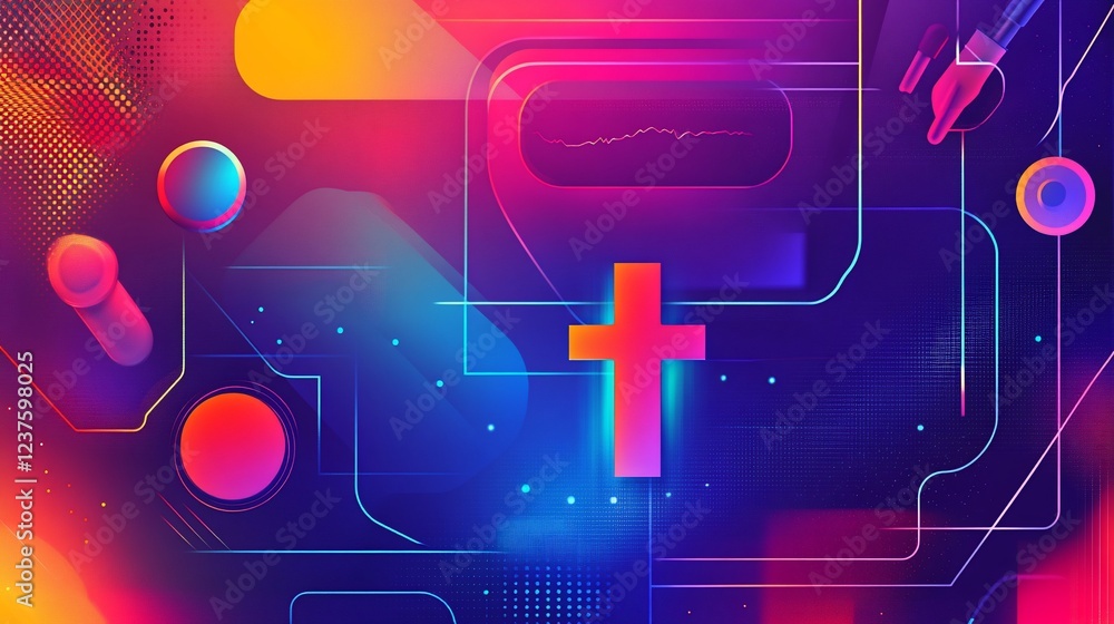 Poster abstract futuristic background with a christian cross and vibrant color gradient