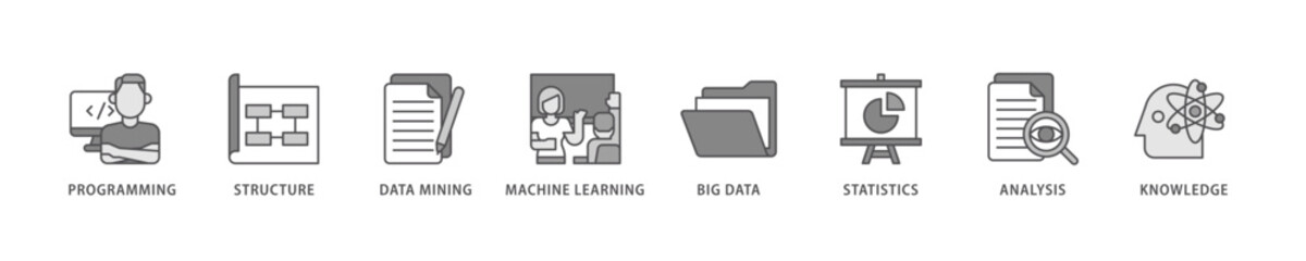 Data science icon set flow process which consists of data, classification, analyze, statistics, solving, decision and knowledge icon live stroke and easy to edit .