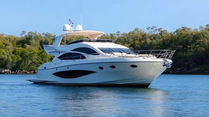 Luxurious White Yacht Cruising Alongside Tranquil Coastal Waterway : Generative AI