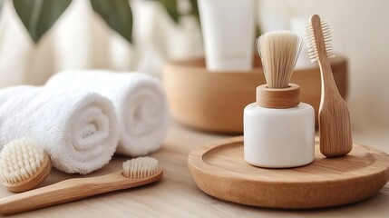 Elegant Ecofriendly Bathroom Accessories with Natural Wooden Elements and Soft Towels : Generative AI