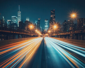 Stunning Nighttime Cityscape Photograph with Light Trails in a Modern Urban Setting, Perfect for Travel and Architecture Enthusiasts.