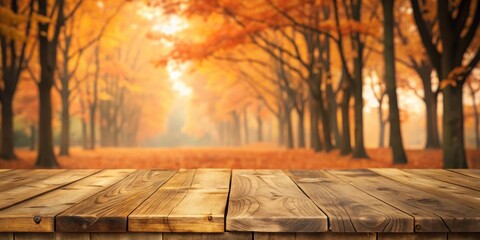 Wooden Table Set Against Soft Fading Orange Leaves And Muted Brown Autumnal Background With Distorted Tree Silhouettes, blurred background, wooden table