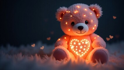 A glowing teddy bear with embroidered stars and hearts, radiating a soft light, set against a dark background, evoking a sense of warmth and wonder.