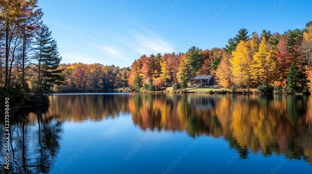 Aufkleber Autumn Lake with Vibrant Foliage and Clear Sky Reflection in Serene Nature Setting : Generative AI