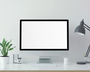 Sleek Modern Computer Desk Setup with Desktop, Lamp, and Plant in Home Office Photograph