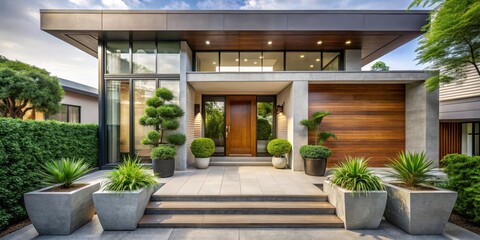 Fototapeta premium Modern House Entrance with Potted Plants, garden design, urban landscape