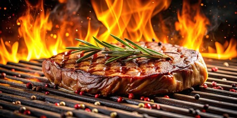 Sizzling entrecote beef steak on grill with rosemary pepper and salt, sizzling hot flames, savory aroma, pepper, grilling