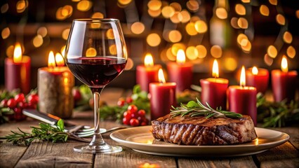 Fototapeta premium A romantic dinner setup with a tender grilled steak and a glass of rich red wine on a candlelit table, surrounded by elegant decor and soft lighting, candlelight, red wine