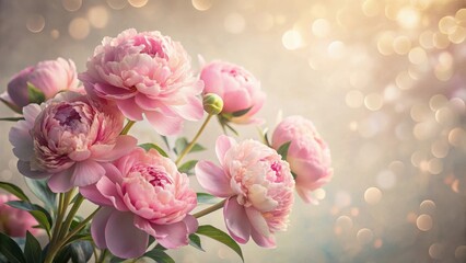 Fototapeta premium Softly glowing pink peonies against a neutral background with subtle texture and gentle light effects , , floral arrangement