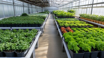 Obraz premium Lush Greenhouse with Rows of Vibrant Green Leafy Plants in Modern Agricultural Setting : Generative AI