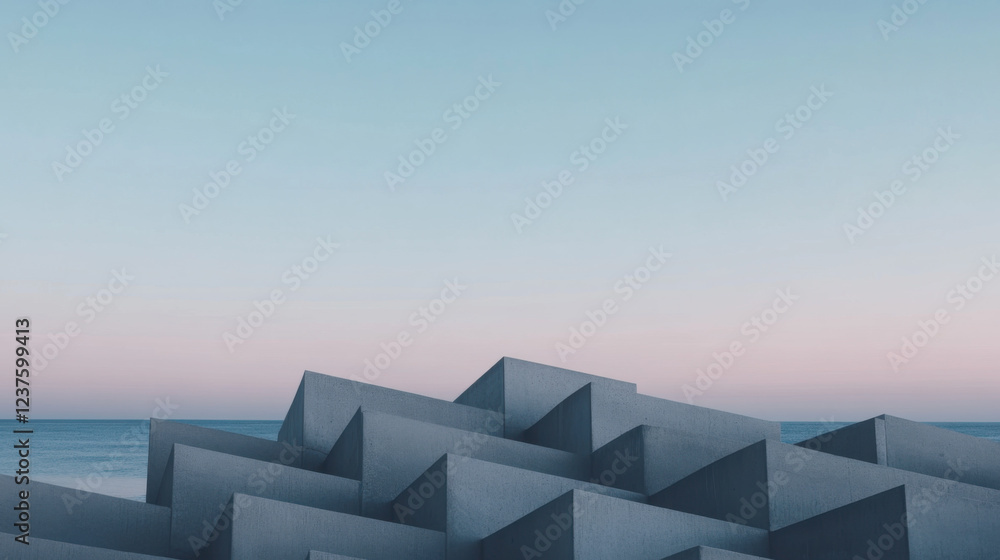 Poster geometric wave dissipating concrete blocks arranged in pattern by sea, creating striking visual agai