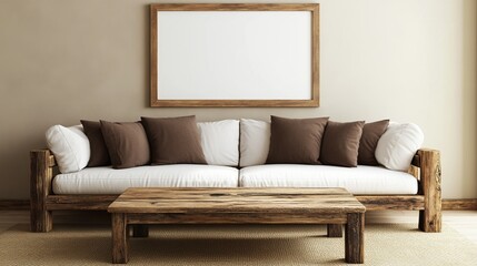 Rustic Living Room With A Wooden Couch, Coffee Table, And Large Frame. Neutral Color Palette And Natural Textures Create A Cozy And Calming Atmosphere.
