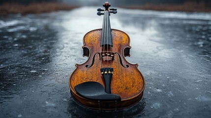 Fototapeta premium Violin on frozen lake, winter landscape, musical instrument, serene nature scene, artistic imagery