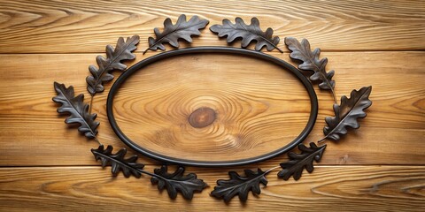 Elegant oak leaf oval frame with a sleek black silhouette against a warm wooden background, evoking a sense of sophistication and refinement , oak leaf frame, wood grain