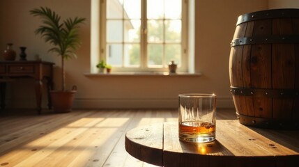 A glass of amber liquid sits on a wooden table in a sunlit room, near a rustic wooden barrel, suggesting a moment of quiet reflection and enjoyment