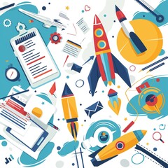 Colorful rocket launch illustrations and designs.