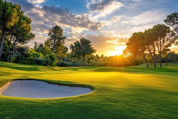 Obraz premium Sunset golf course featuring a stunning sky sand trap and pine trees Panoramic fairway view with a bunker