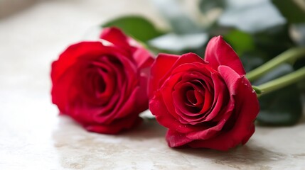 Elegant Red Roses on Marble Surface Exuding Love and Romance : Generative AI